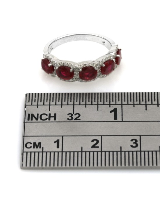 5 Stone Ruby and Diamond Halo Ring in White Gold